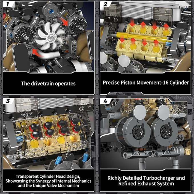 Mould King 10131 W16 Engine Building Blocks Sets V8 Engine Model kit That Run Build Your Own STEM Model Engine 16-Cylinder Car Engine Building Engineering Toys(952+PCS)