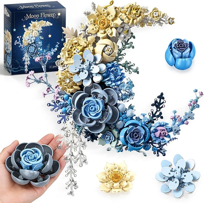 Blue Moon Flower Building Set Botanical Collection Kit for Adults Women Girls 14+ Crescent Moon Floral Wall Art Display for Home Office Table Decor Christmas/Valentines for Her