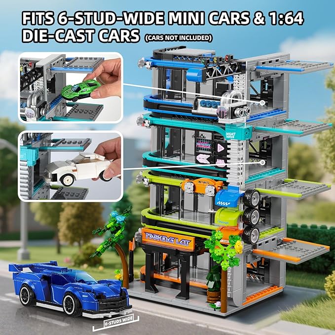 City Parking Tower Building Set for Adults 1144Pcs Vertical Garage Display Compatible with Lego City Mini Cars (6-Stud Wide) &amp 1:64 Die-Cast Models Architecture Building Kit for Collectors