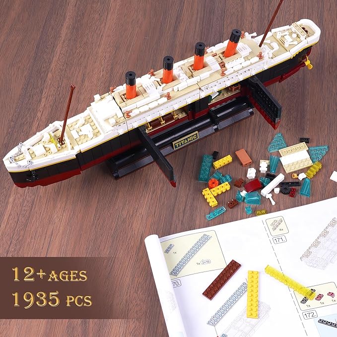 2 in 1 Titanic Building Set with Lights 1935 PCS Titanic Ship Mini Building Block Kit with Glacier Display Stand Home Decor Ship Model Birck Toy Gift for Adults Teens Boys Girls 12+