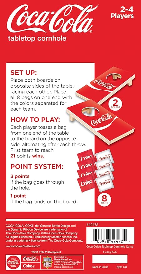 MasterPieces Coca-Cola Tabletop Cornhole Game Set - Officially Licensed Portable 10x5 Boards Includes 8 Bags Fun for Families &amp Kids
