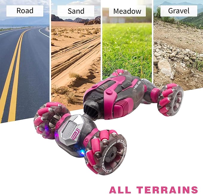 Gesture Sensing RC Stunt Car Remote Control Toys for Kids Age 6 7 8 9 10 11 12 13 Year Old for Boys Girls Birthday Xmas Gifts 4WD Hand Controlled RC Drift Car with Lights Music (Pink)