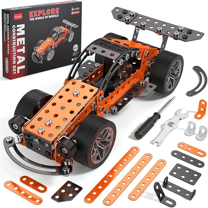 Metal Building Set Race Car Construction Kit Educational STEM Toy with Wheels Orange and Black