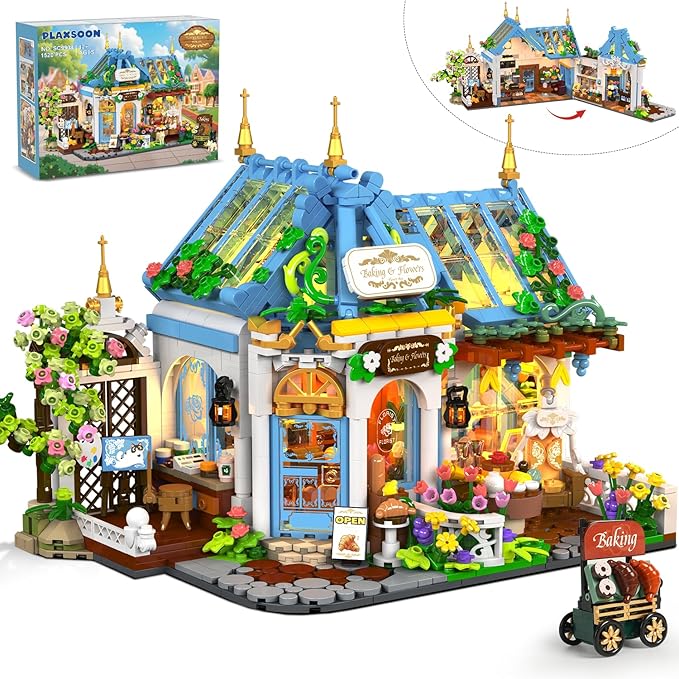 Flower Café House Building Set with LED 1520 PCS Botanical Coffee Architecture with Openable Design Floral Bakery Construction Model for Home Decor Gift for Adults Women Teens Girl Boy 12+