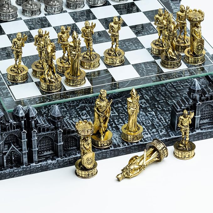 Renaissance Knight 3D Chess Set – Unique Chess Board Set - Durable Gold and Silver Metal Pieces - Tempered Glass Board and Polyresin Base