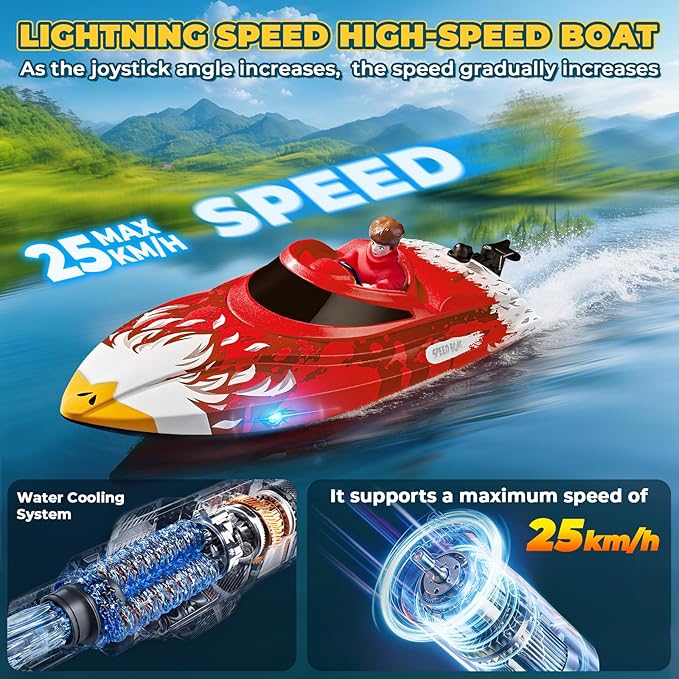 25KMH RC Remote Control Boat with LED Lights Self-Righting Low Battery Alert 2.4GHz with 800 mAh Lithium battery Waterproof Electric Fast Speed Boat for Pool &amp Lake Toy for Boys Girls Red