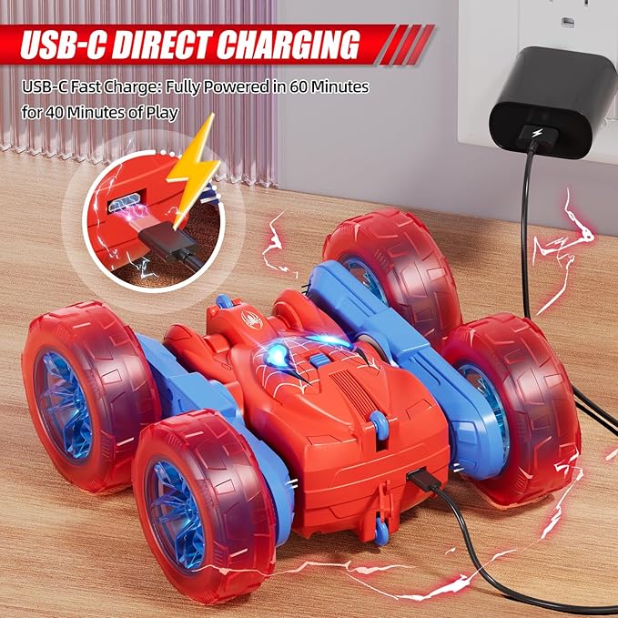 Spider Remote Control Car 360° Stunt RC Cars for Kids Ages 6-12 Double-Sided Rotation 4WD Cool Wheel Lights&amp2.4GHz Control Rechargeable Electric Race Car Toys Gift for Boys Girls (Red&ampBlue
