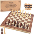 AMEROUS 15'' Wooden Chess &amp Checkers Set 2 in 1 Board Games -2 Extra Queens -24 Cherkers Pieces - Gift Box Packed - Chessmen Storage Slots Beginner Chess Set for Kids and Adults
