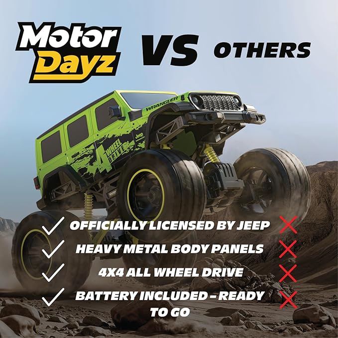 4WD Heavy Metal Remote Control Car Jeep Wrangler RC Truck Toy– 1:10 Scale 4-Door Stamped Metal Body 2.4GHz Control USB Rechargeable Ready to Run Green Great Gift