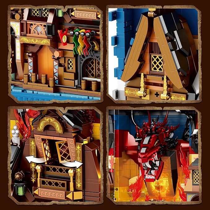 Reobrix Shire Booknook Building Set with Light H.obbit-Themed DIY Bookend Building Block Kit for Adults Medieval Dragon Book Nook 3398PCS Bookshelf Home Decor for Age 14+