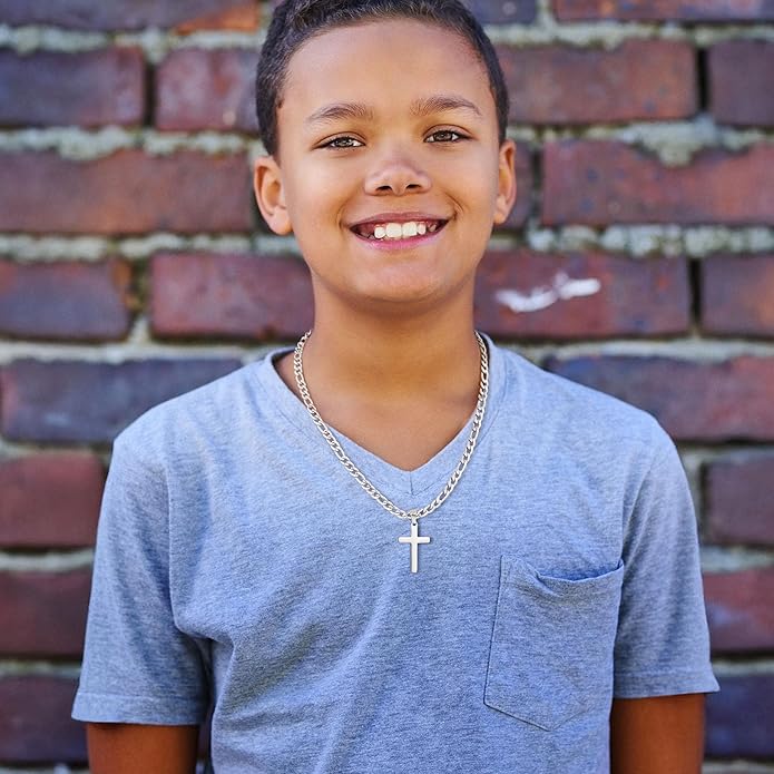IEFLIFE Easter Basket Stuffers - Cross Necklace Easter Gifts for Men Boys Silver Figaro Chain Cross Necklace Jewelry Christian Baptism Gifts for Boys Birthday Gift for Dad Husband Son Grandson