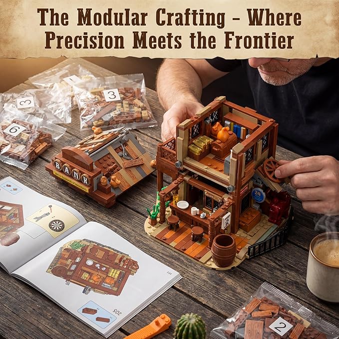 Western Bank Modular Building Set for Adults Wild West Cowboys Cabin with HorsesWagon &amp LED Lights Collection House Set for West Lovers (1299PCS)