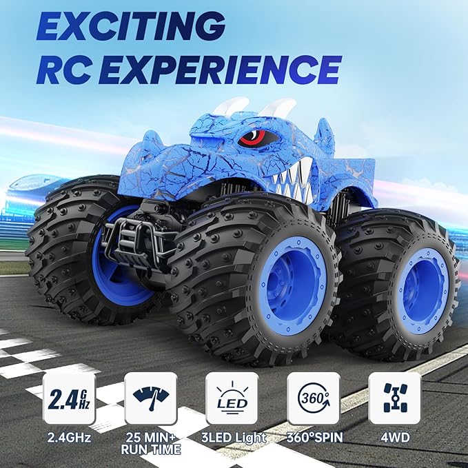 BAODLON Remote Control Monster Car 2.4GHz RC Monster Trucks Toys for 3 4 5 6 7 8 Years Old Boys Kids All Terrain RC Truck Off Road with Spray Light Rechargeable Battery Christmas Birthday Gifts