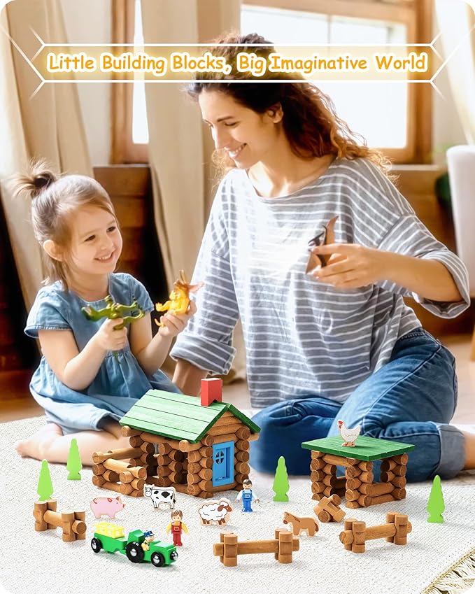 SainSmart Jr. Wooden Log Cabin Set Farm Building House Toy for Toddlers 122 PCS Classic STEM Construction Kit with Colorful Wood Logs Blocks for 3+ Years Old