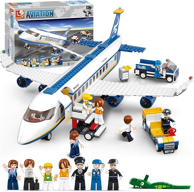 City Passenger Airplane Building Set 4 in 1 STEM Toy with a Large Plane Passenger Bus Luggage Truck Container Loader and 7 Minifigures Compatible with Lego Plane Airport Gift for Boy 6-12