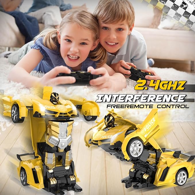 Transform Remote Control Car - Rc Cars One-Button Transforming 360° Rotation Drifting 2.4ghz 1:18 Scale Gift Kids Aged 4-6 Year Old Boys/Girls Police Car Yellow