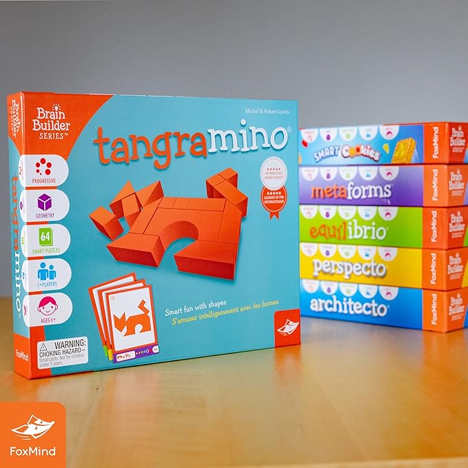 FoxMind Games: Tangramino Spatial Logic and Visualization Game Smart Fun with Shapes 64 Smart Puzzles to Work Through 6 Levels of Complexity Develops STEM Skills 1+ Players for Ages 6 and up