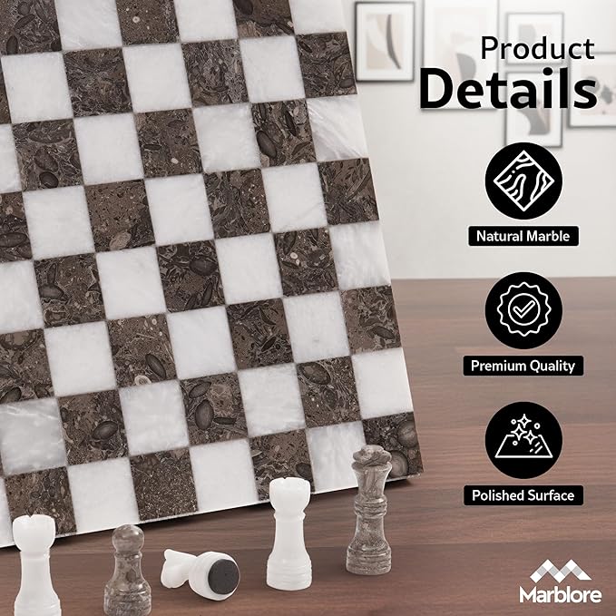 Marble Chess Set 10 Inch White &amp Oceanic Luxury Chess Board Set with 32 Pieces &amp 2 Extra Queens Classic 2 Player Game for Adults Travel &amp Home Decor Friendly