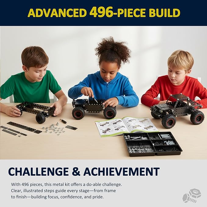 496 Pcs Metal Building Toys for Boys &amp Girls 8-12 Years Old Off-Road Vehicle Model Truck Kits STEM Engineering Construction Set Monster Car Educational Gift for Kids Ages 8 9 10+