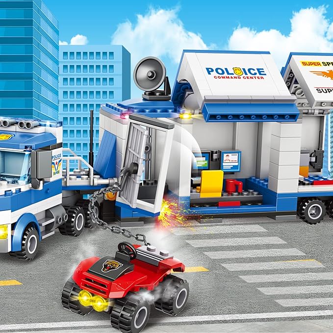 City Police Mobile Command Center Truck Building Blocks Kit Toys Police Vehicles Series Prison Break Jail Set with Action Cop Motorbike ATV Arms Play Set for Boys and Kids Age 5+ (483 Pieces)