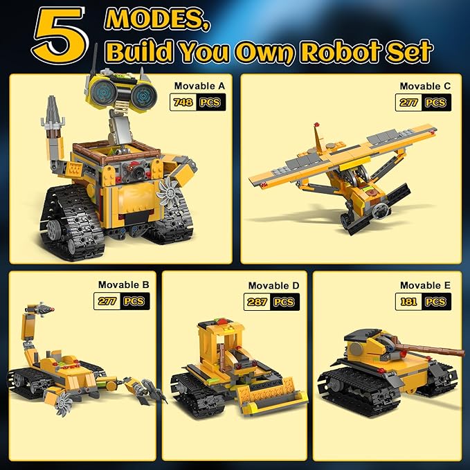 Robot Building Sets for Kids - 5 in 1 Wall Robotic Kit 748 PCS Robot with Interchangeable Arms Bulldozer Plane Building Block Toy Model for Boys Girls 8-12 Easter Home Decor