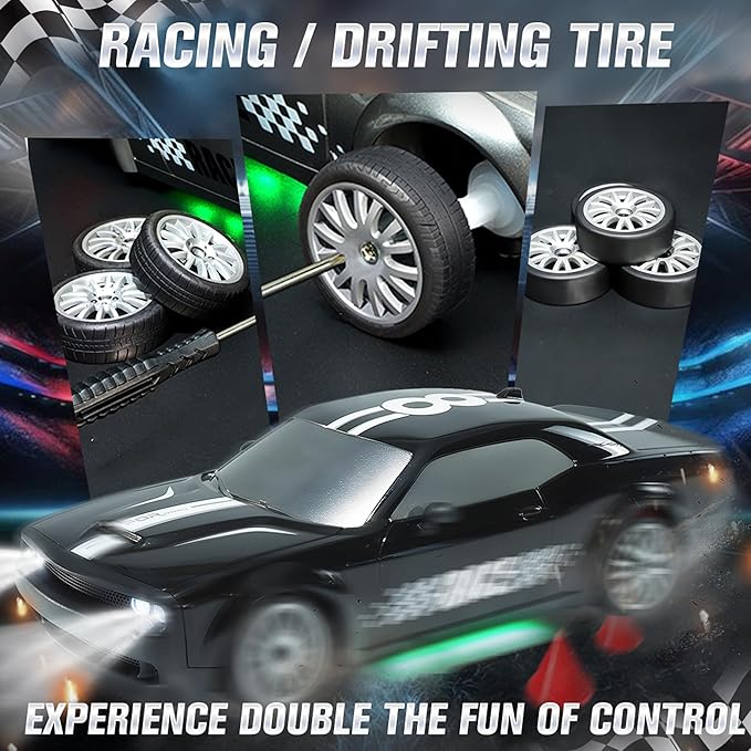 SANCO 1:20 RC Drift Car - 2.4G Drifting Car with Dual Tire System &amp LED Lights 20+KM/H 50-Minute Playtime Racing Toy Remote Control for Adults Boys Girls 2pcs Rechargeable Batteries （Black）