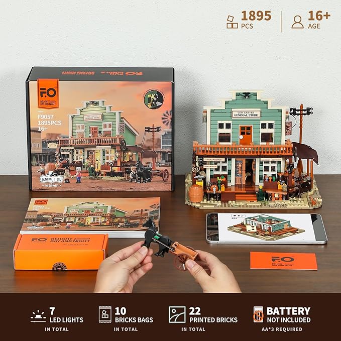 FUNWHOLE Western General Store Lighting Building-Bricks Set - 1895 Pcs The Old West Town Collection Display Set for Adults and West Lovers