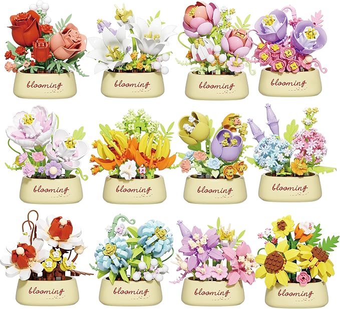 12 Set Mini Flower Potted Bonsai Micro Building Toy Blocks Succulent Plant Artificial Particle Flower Botanical Decoration Toys