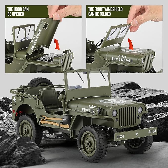1/10 Scale RC Military SUV Remote Control 4WD Off-Road Vehicle with Alloy Frame Chassis with Winch and Capstan Army Vehicle with Opening Hood and Folding Windshield 2 Batteries