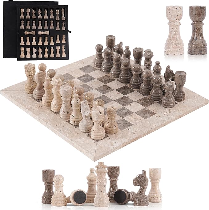 Marble Chess Set for Adults 12 Inch Handmade Travertine and Oceanic Board Game with Storage Box Travel Chess Set for Tabletop with Pieces &amp 2 Extra Queens Gifts for Home Décor