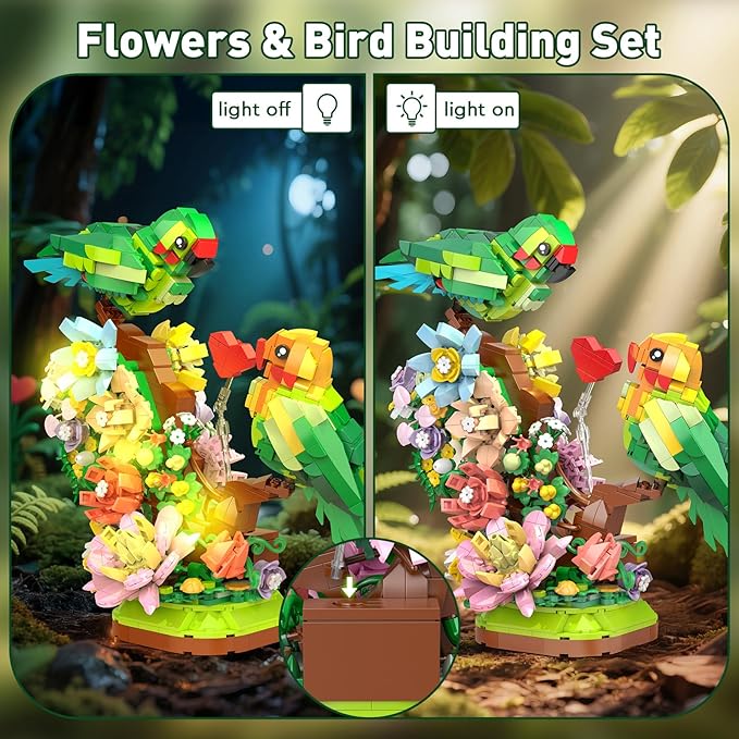 Flowers &amp Love Bird Building Set for Adults Flower Parrot Botanicals Decor Model Kit with LED Animal Toys Gifts Ideas for Adults and Teens Age 14+ (1050 PCS)