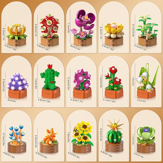 HOGOKIDS 15 Pack Flowers Succulents Mini Building Set for Adults Kids - 1314PCS Flower Plant Botanical Collection 3.6MM Bricks Toys Home Office Décor Easter Gifts for Women Boys Girls Age 6+