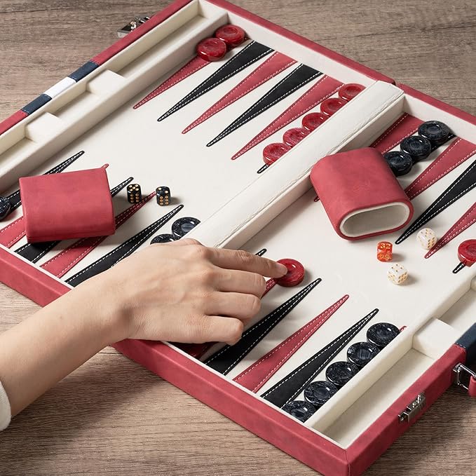 15inch Backgammon Sets for Adults Classic Board Game with Folding Leather Backgammon Case Faux Leather Exterior and Velvet Interior Portable Travel Game Set (Red)