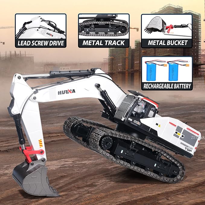 HUINA 1594 Metal RC 1:14 Excavator 28 Channel Digger Construction Vehicle Hobby Outdoor Gift Remote Control Tractor Crawler Toy Lights Sounds 4 attachments and 2 Rechargeable Batteries - 2026 Model