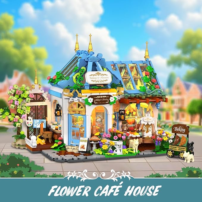 Flower Café House Building Set with LED 1520 PCS Botanical Coffee Architecture with Openable Design Floral Bakery Construction Model for Home Decor Gift for Adults Women Teens Girl Boy 12+