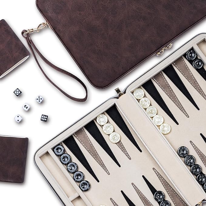 Backgammon Sets for Adults Classic Board Game with Folding Faux Leather Backgammon Case Portable Travel Backgammon Game Set (Brown)