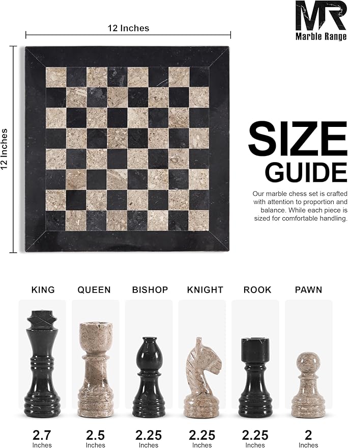 Marble Chess Set for Adults 12 Handmade Black &amp Oceanic Board Game with 32 Chess Pieces 2 Extra Queens &amp Storage Box Luxury Travel Game Elegant for Home Decor