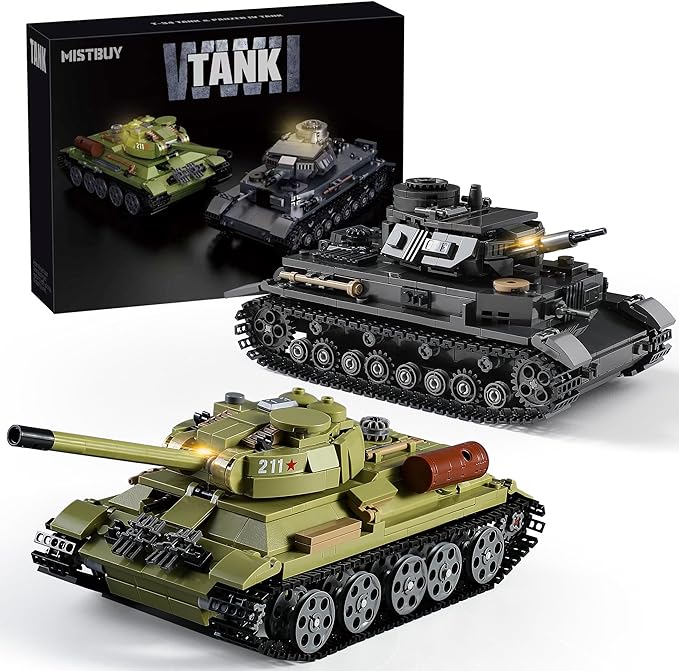 WW2 Army Tank Building Sets with Lights Panzer IV &amp T-34 Military Tanks Model Kit Compatible with Lego Great Army Toys Gift for Military Fans Boys Kids Ages 8+ &amp Adults (1201 Pieces)