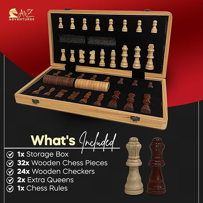 Magnetic Chess Set with Checkers - 15 (2 in 1) Folding Wooden Chess Sets for Adults &amp Kids with 2 Extra Queens | Travel Chess Board Game Set with Chess Pieces Storage Slots Luxury Gift with Stor
