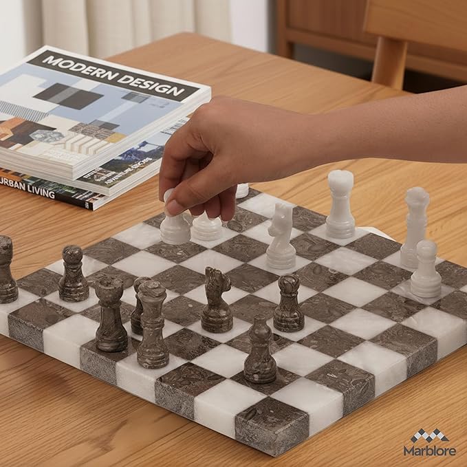Marble Chess Set 10 Inch White &amp Oceanic Luxury Chess Board Set with 32 Pieces &amp 2 Extra Queens Classic 2 Player Game for Adults Travel &amp Home Decor Friendly