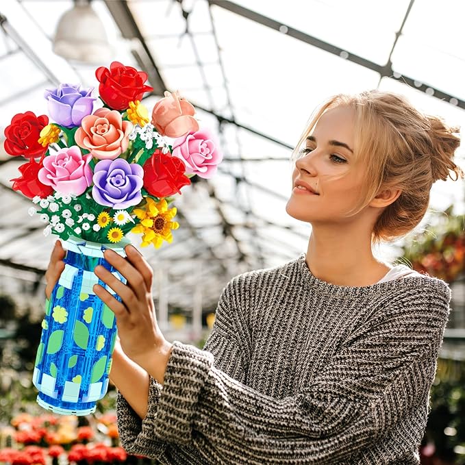 Roses Flowers Building Set with Vase &amp LED Light Easter/Birthday Day Gift for Her/Him 16 Mini Flowers Bouquet Building Blocks Toy Artificial Flowers for Home Office Decor &amp Display
