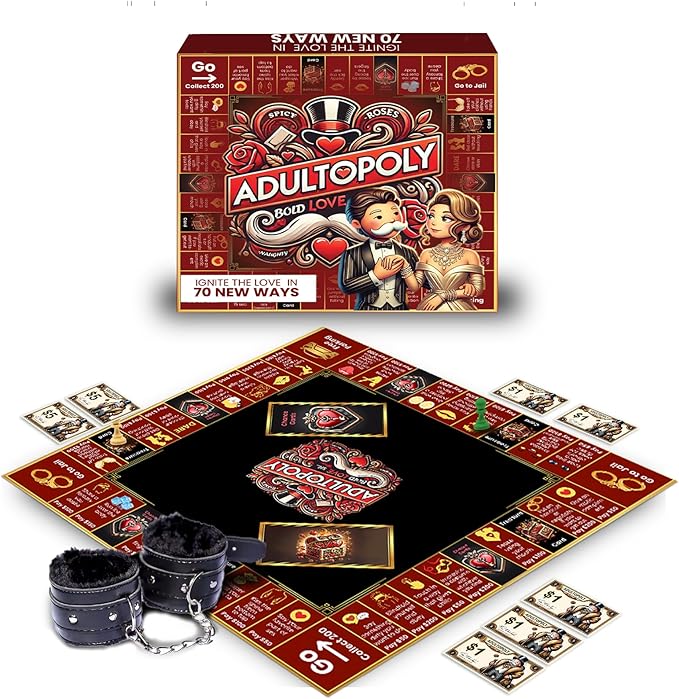 Adultopoly with Handcuffs – a Romantic Spin on The Classic Board-Game. Playful Date Night Games for Couples to Spark Romance Fun and Deeper Connection. The Ultimate Adultopoly Board Game