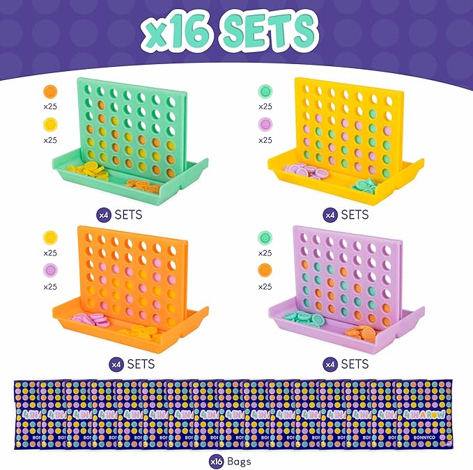 BONNYCO 4 in a Row Pack of 16 Birthday Party Favors for Kids Age 5-12. Classroom Prizes for Students Bulk Gifts Mini Travel Board Games and Toys Goodie Bags and Pinata Stuffers