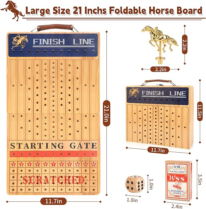 Bravmate Large 21 Inches Horse Race Board Game Solid Wood Foldable Horse Racing Game with 11 Luxury Metal Horses 2 Wooden Dice 2 Boxes of Cards 80 Chips for Parties