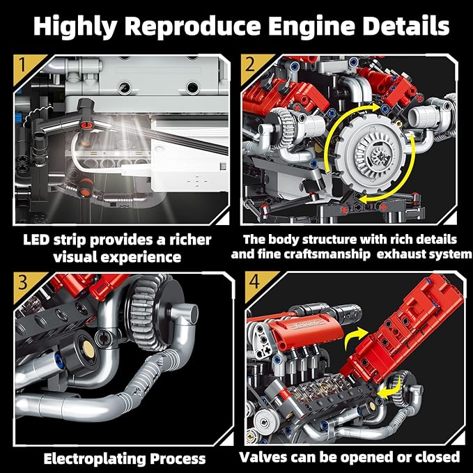 Mini V8 Engine Building Kit That RunsEngine Building Blocks with LED Light for Adults Visible Engine Model Set Construction STEM Toy for Kids Boys (660 PCS)