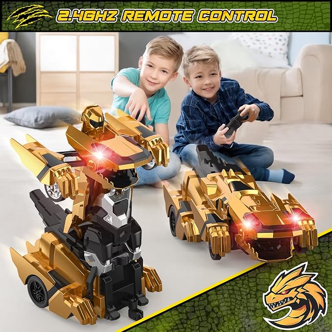 Dinosaur Transform Rc Cars 2.4Ghz Remote Control Car Transforming Robot with Flashing Light 360° Rotation One Button Deformation Car Toy Gifts for Boys Age 4-7 8-12