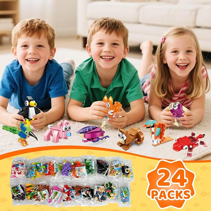 24 Pack Mini Animals Easter Building Block Toy Stocking Stuffers Classroom Prizes Goodie Bags Fillers Building Set Birthday Gifts Party Favors for Boys Girls Ages 6 8 10 12