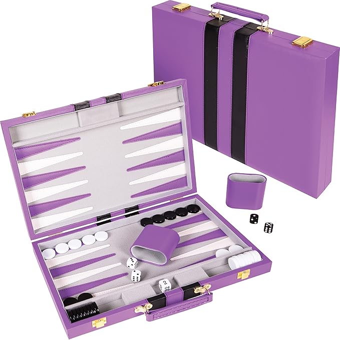 Premium Backgammon 15 Inches Medium Purple - Backgammon Sets for Adults and Kids - Leatherette Back Gammon Board Game Set - Travel Backgammon Set Board Encased with Accessories