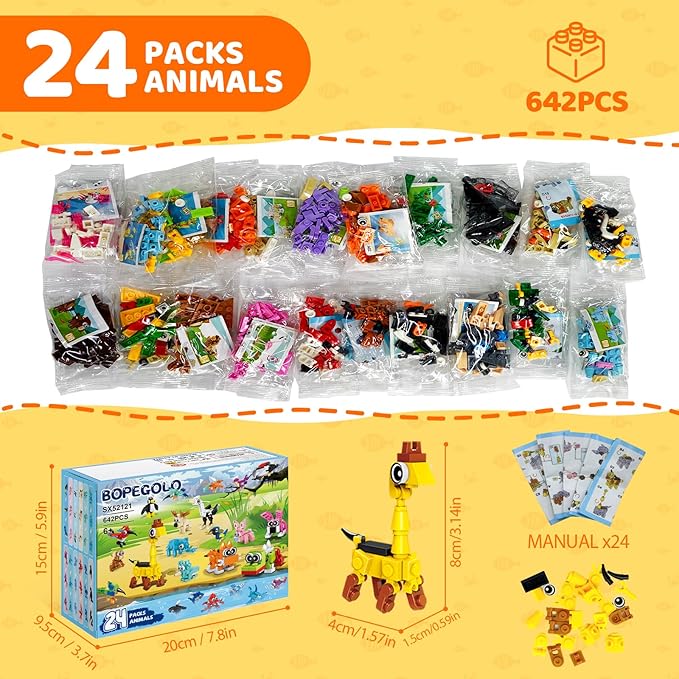24 Pack Mini Animals Easter Building Block Toy Stocking Stuffers Classroom Prizes Goodie Bags Fillers Building Set Birthday Gifts Party Favors for Boys Girls Ages 6 8 10 12