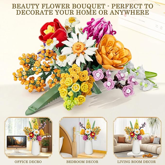 Flowers Bouquet Building Set 1070PCS Wildflower Botanical Collection Artificial Plant Flower Kit Toy for Adults Kids Women Her Home Decor Gift for Birthday Christmas Valentines(No Vase)
